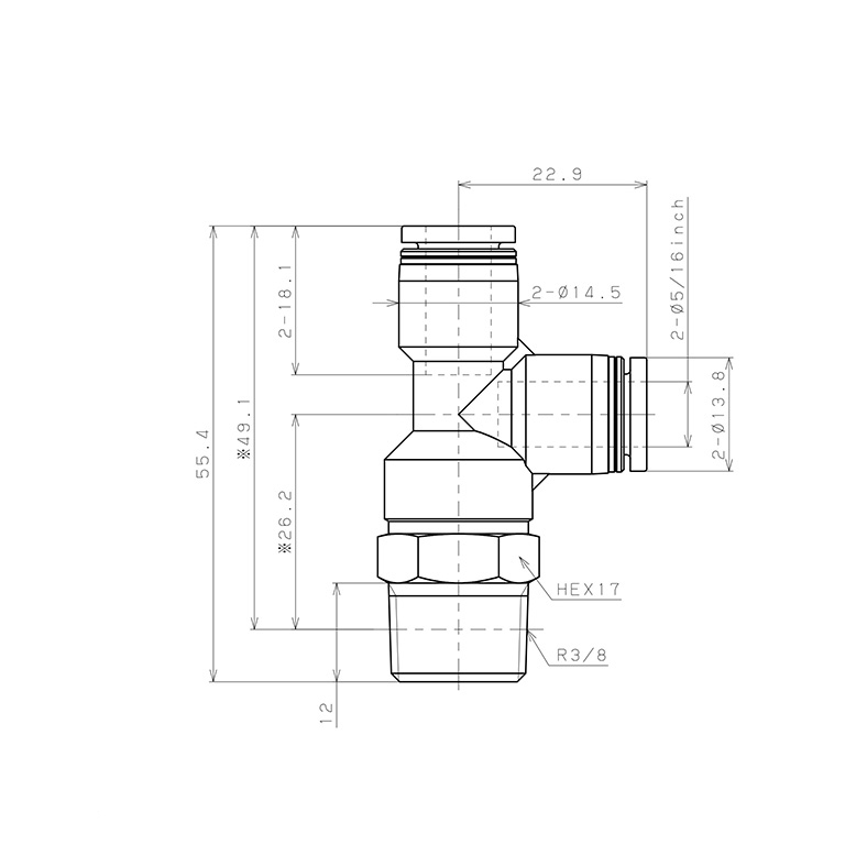 Đầu Nối Nhanh Khí Nén Dạng Chữ T Ren Ngoài Pisco PD5/16-03W_drawing
