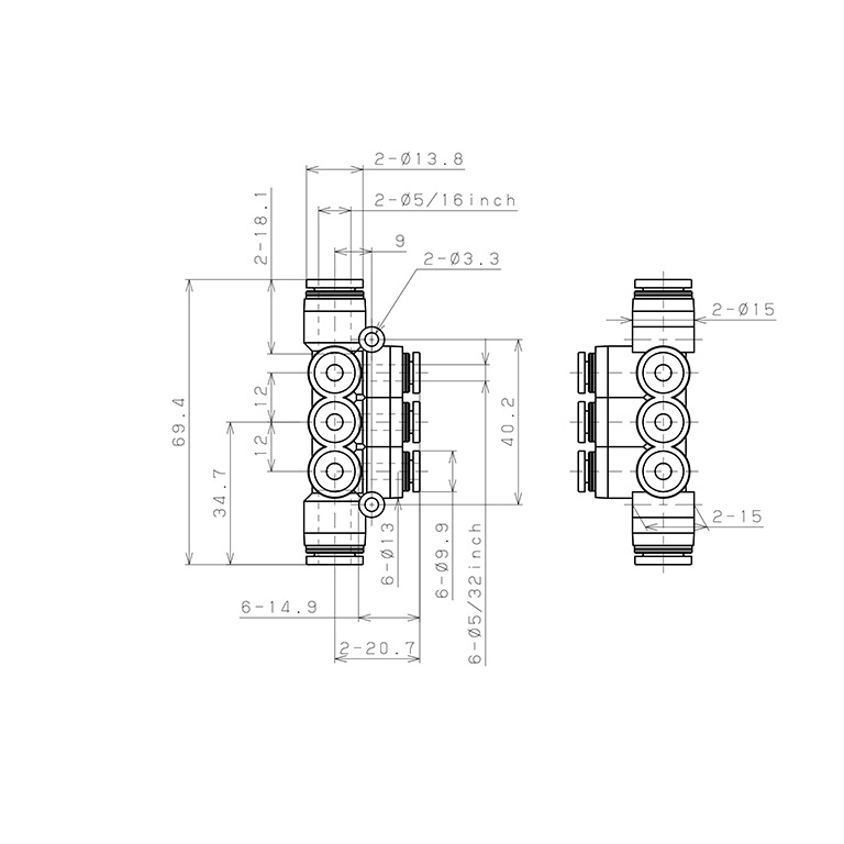 Đầu Nối Nhanh Khí Nén Chữ T 8 Ngã Dạng Nối Giảm Pisco PKVG5/16-5/32-C_drawing