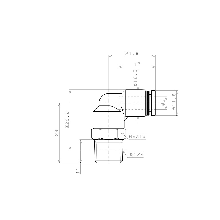 Đầu Nối Nhanh Khí Nén Dạng Cong 90° Ren Ngoài Pisco PL6-02-UC_drawing