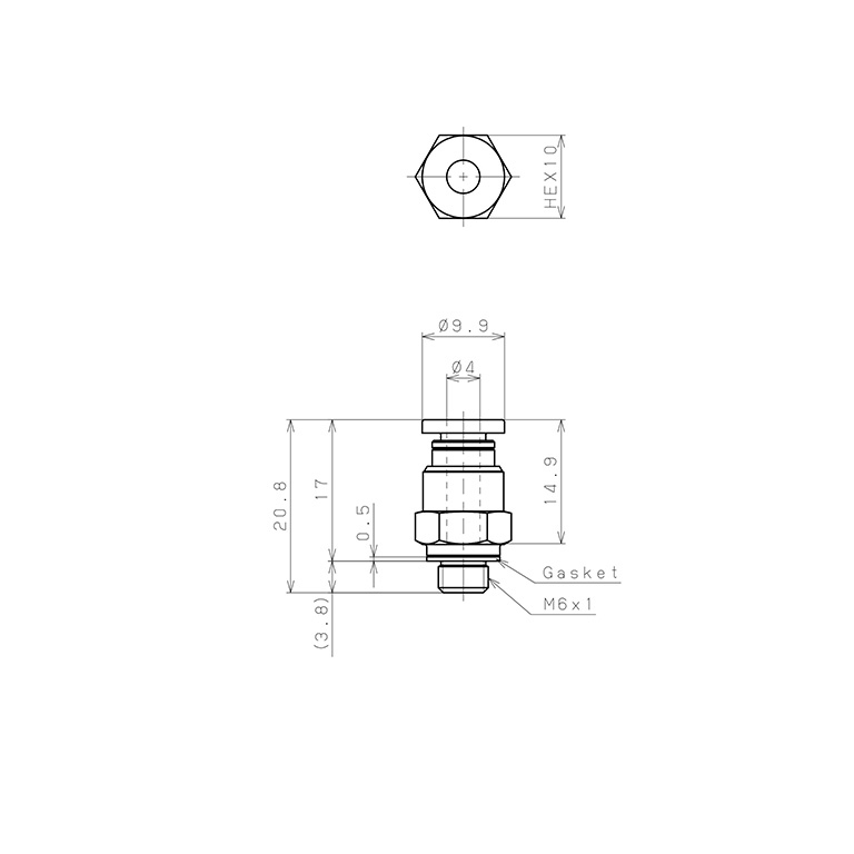 Đầu Nối Nhanh Khí Nén Dạng Thẳng Thân Lục Giác Ren Ngoài Pisco PC4-M6_drawing