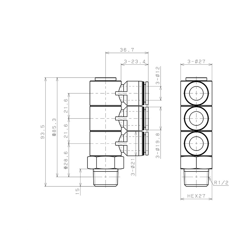 Đầu Nối Nhanh Khí Nén Ba Nhánh Cong 90° Thân Lục Giác Trụ Ren Ngoài Pisco PHT12-04_drawing