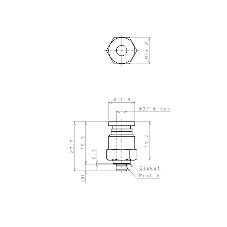Đầu Nối Nhanh Khí Nén Dạng Thẳng Thân Lục Giác Ren Ngoài Pisco PC3/16-M5-C_drawing