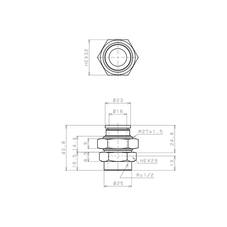 Đầu Nối Nhanh Khí Nén Dạng Thẳng Ren Trong Ngoài Pisco PMF16-04_drawing