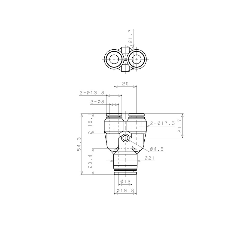 Đầu Nối Nhanh Khí Nén Chữ Y Dạng Nối Giảm Pisco PW12-8-C_drawing