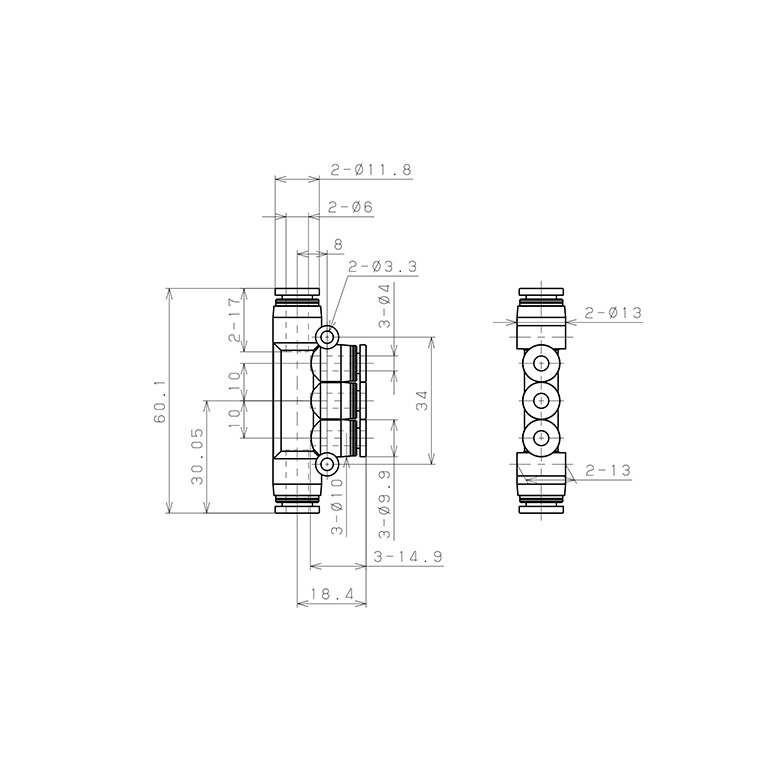 Đầu Nối Nhanh Khí Nén Chữ T 5 Ngã Dạng Nối Giảm Pisco PKG6-4-C_drawing