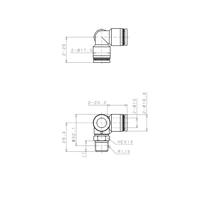 Đầu Nối Nhanh Khí Nén Hai Nhánh Chạc Ba Cong 90° Ren Ngoài Pisco PVX10-02_drawing