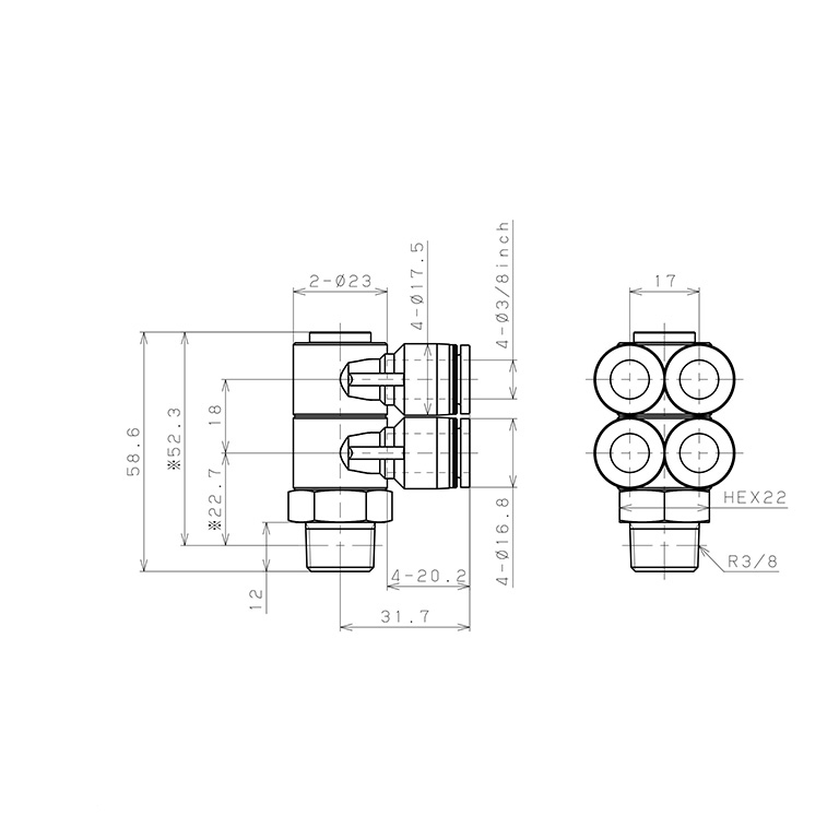 Đầu Nối Nhanh Khí Nén Bốn Nhánh Cong 90° Thân Lục Giác Trụ Ren Ngoài Pisco PAW3/8-03_drawing