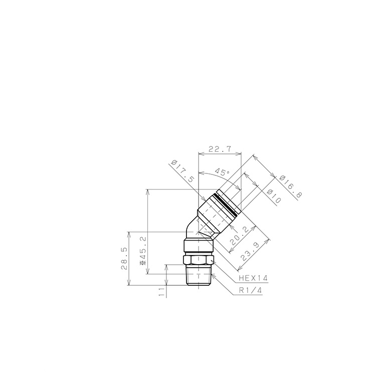 Đầu Nối Nhanh Khí Nén Dạng Cong 45° Ren Ngoài Pisco PLH10-02-C_drawing
