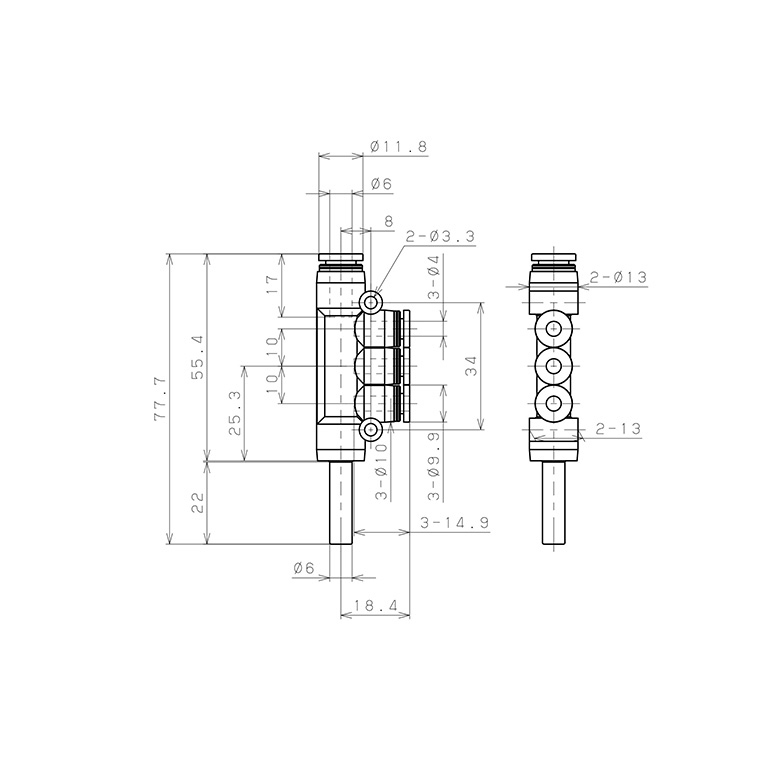 Đầu Nối Nhanh Khí Nén Giữa Ống Khí Và Fitting Bốn Nhánh Dạng Chữ T Pisco PKJ6-4W_drawing