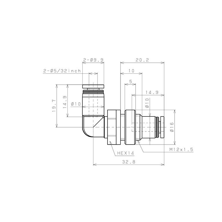 Đầu Nối Nhanh Khí Nén Cong 90° Ren Ngoài Lắp Kẹp Vách Pisco PML5/32-C_drawing