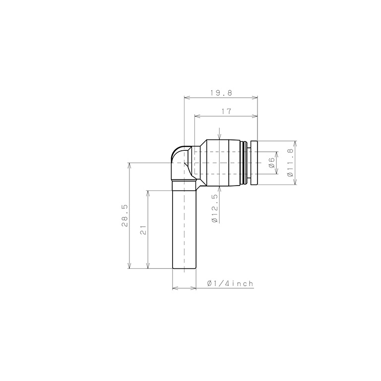 Đầu Nối Nhanh Khí Nén Giữa Ống Khí Và Fitting Dạng Nối Giảm Cong 90° Pisco PLGJ1/4-6W-C_drawing