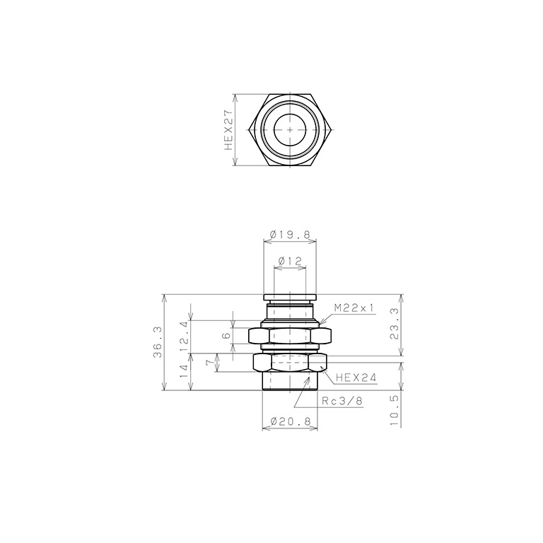 Đầu Nối Nhanh Khí Nén Dạng Thẳng Ren Trong Ngoài Pisco PMF12-03W_drawing