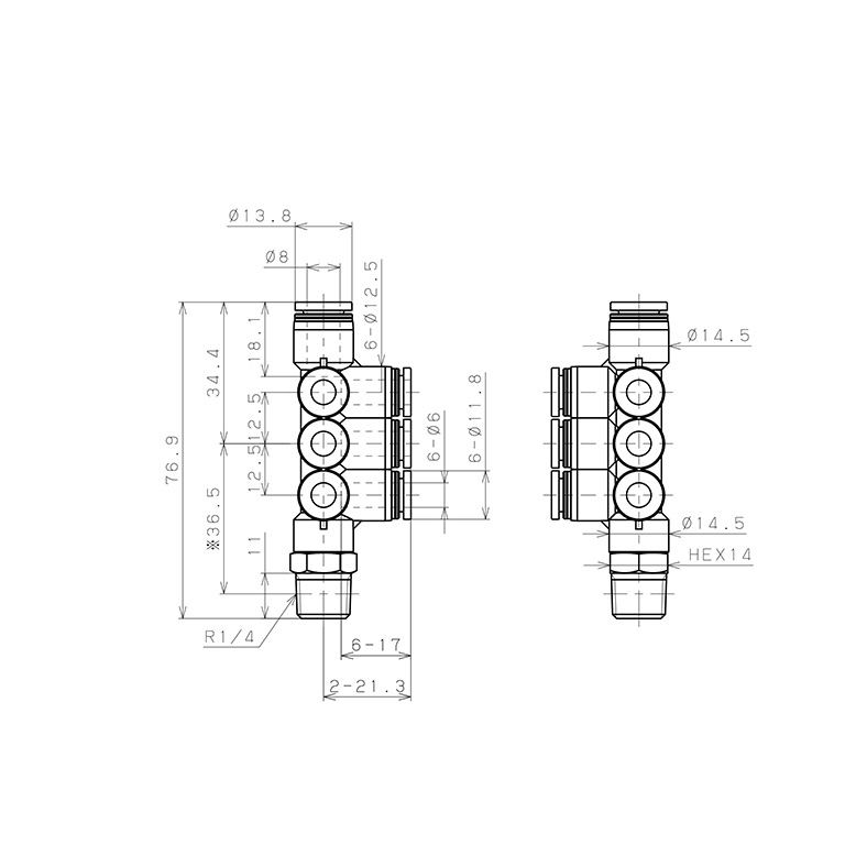 Đầu Nối Nhanh Khí Nén Dạng Chữ T Sáu Nhánh Ren Ngoài Pisco PKVD8-6-02W_drawing