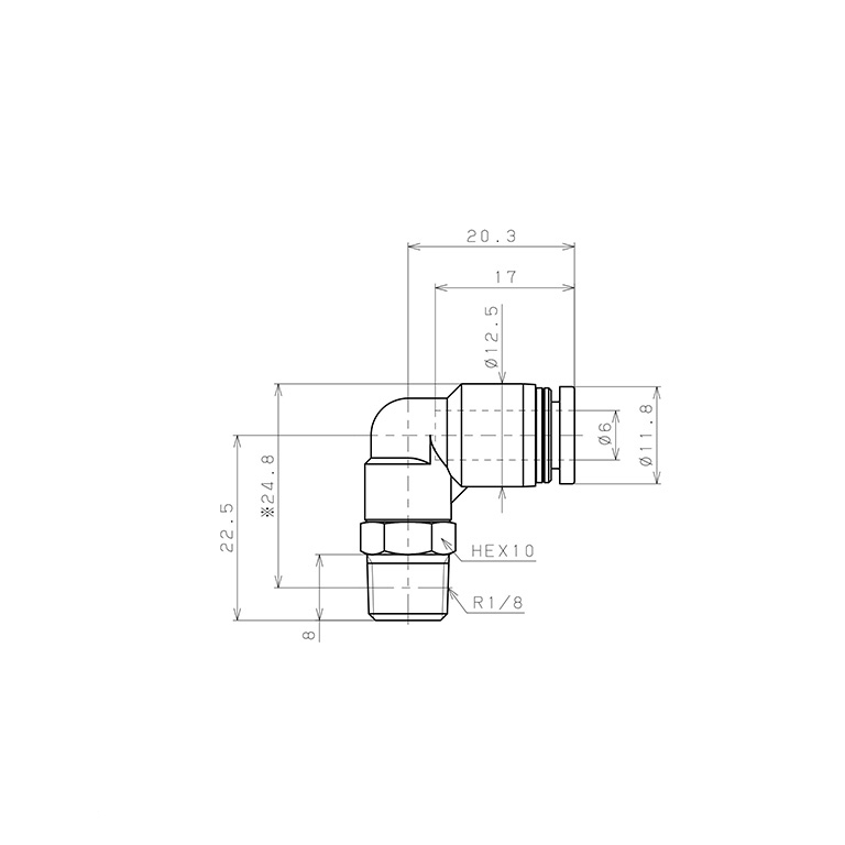 Đầu Nối Nhanh Khí Nén Dạng Cong 90° Ren Ngoài Pisco PL6-01W-C_drawing