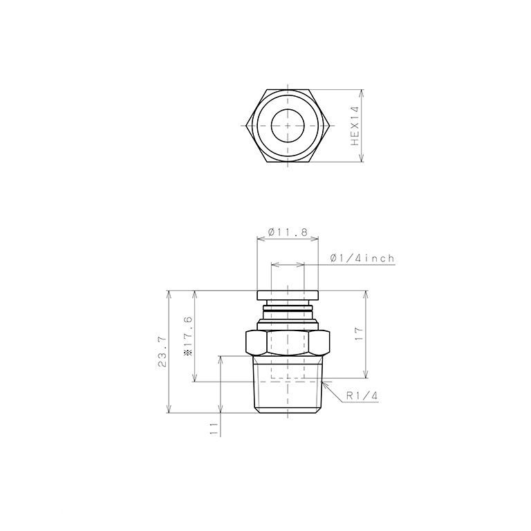 Đầu Nối Nhanh Khí Nén Dạng Thẳng Thân Lục Giác Ren Ngoài Pisco PC1/4-02-UC_drawing
