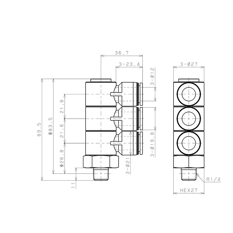 Đầu Nối Nhanh Khí Nén Ba Nhánh Cong 90° Thân Lục Giác Trụ Ren Ngoài Pisco PHT12-02_drawing