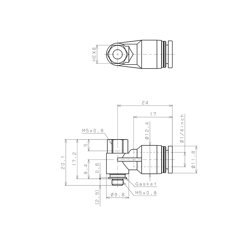 Đầu Nối Nhanh Khí Nén Cong 90° Đầu Lục Giác Trụ Ren Đực Cái Pisco PHF1/4-M5_drawing