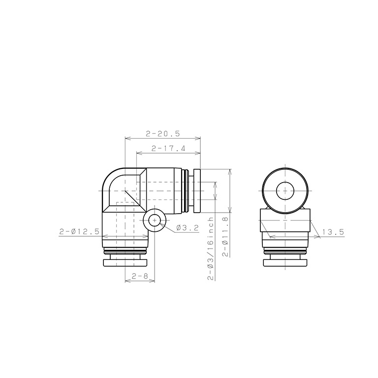 Đầu Nối Nhanh Khí Nén Cong 90° Pisco PV3/16-C_drawing