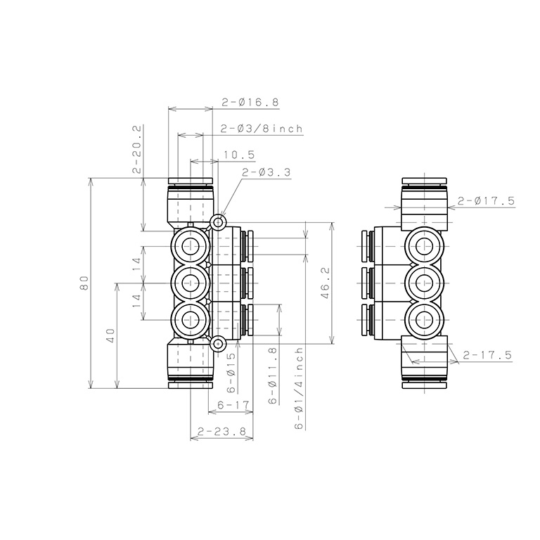 Đầu Nối Nhanh Khí Nén Chữ T 8 Ngã Dạng Nối Giảm Pisco PKVG3/8-1/4-C_drawing