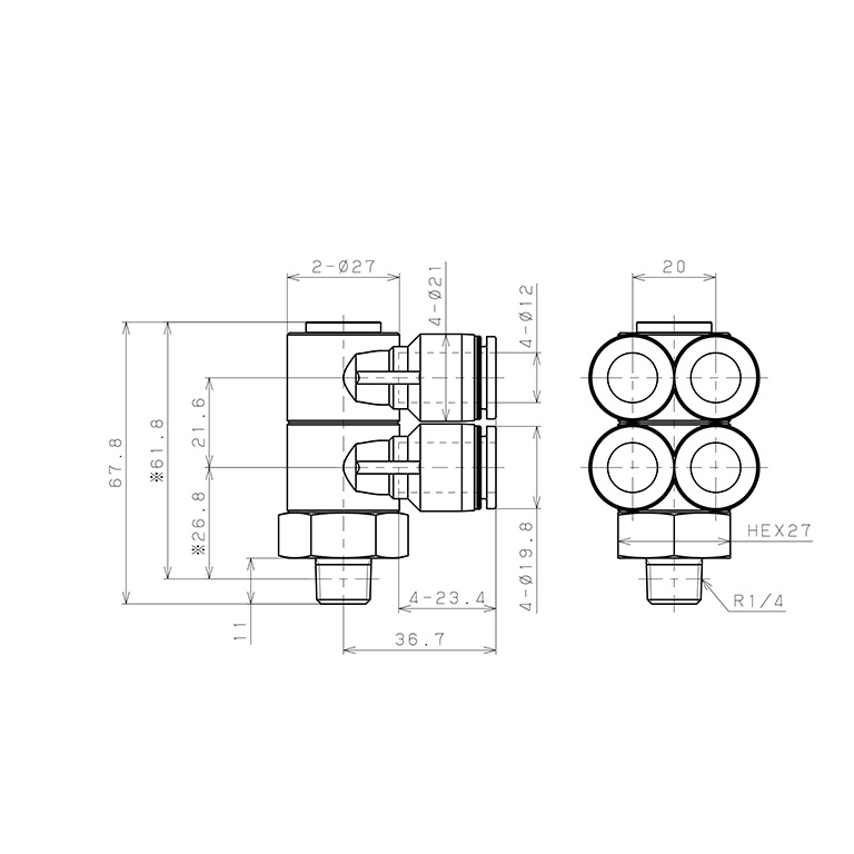 Đầu Nối Nhanh Khí Nén Bốn Nhánh Cong 90° Thân Lục Giác Trụ Ren Ngoài Pisco PAW12-02_drawing