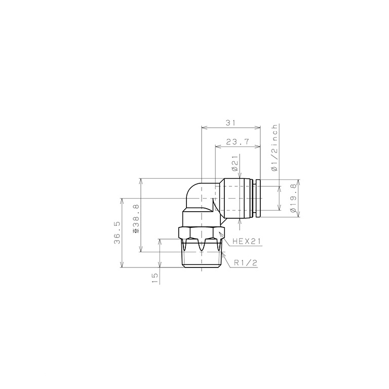 Đầu Nối Nhanh Khí Nén Dạng Cong 90° Ren Ngoài Pisco PL1/2-04-C_drawing