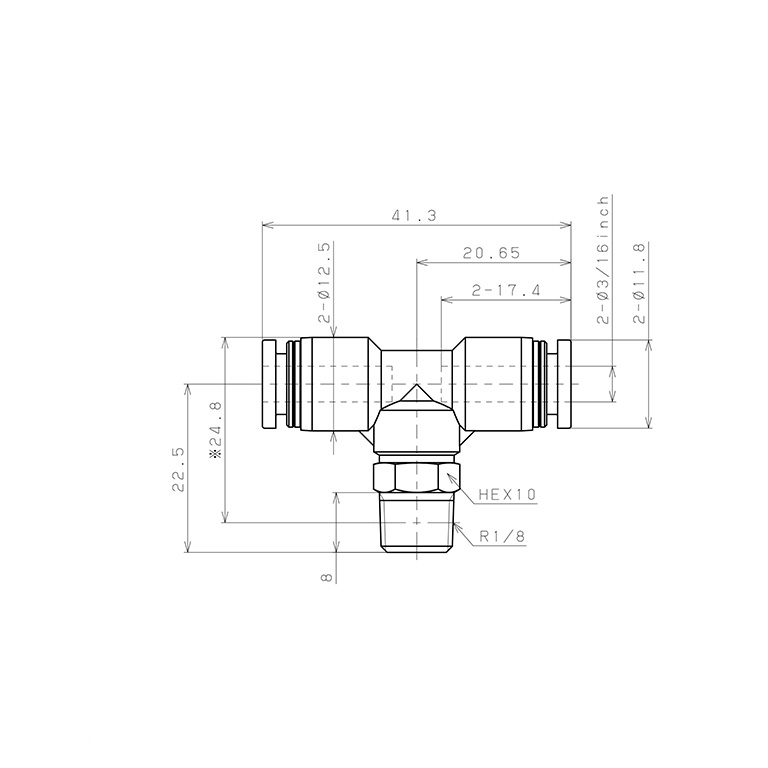 Đầu Nối Nhanh Khí Nén Dạng Chữ T Ren Ngoài Pisco PB3/16-01W_drawing