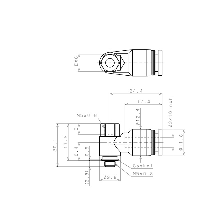 Đầu Nối Nhanh Khí Nén Cong 90° Đầu Lục Giác Trụ Ren Đực Cái Pisco PHF3/16-M5_drawing