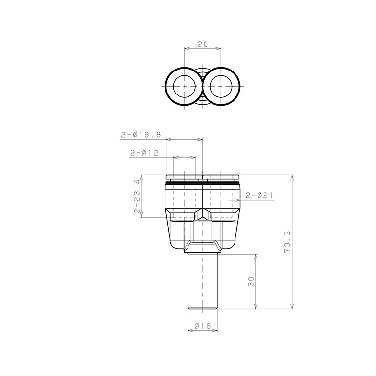 Đầu Nối Nhanh Khí Nén Giữa Ống Khí Và Fitting Dạng Nối Giảm Chữ Y Pisco PWJ16-12_drawing