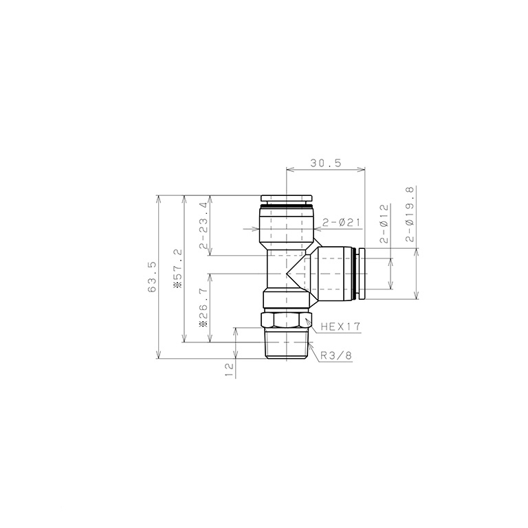 Đầu Nối Nhanh Khí Nén Dạng Chữ T Ren Ngoài Pisco PD12-03W_drawing