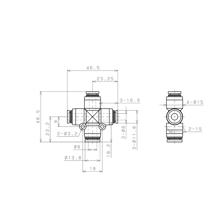 Đầu Nối Nhanh Khí Nén Ngã 4 Dạng Nối Giảm Pisco PZC8-6_drawing