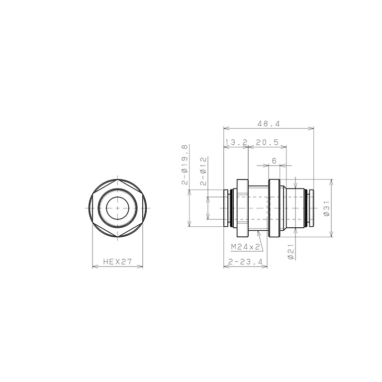 Đầu Nối Nhanh Khí Nén Dạng Thẳng Ren Ngoài Lắp Kẹp Vách Pisco PMP12_drawing
