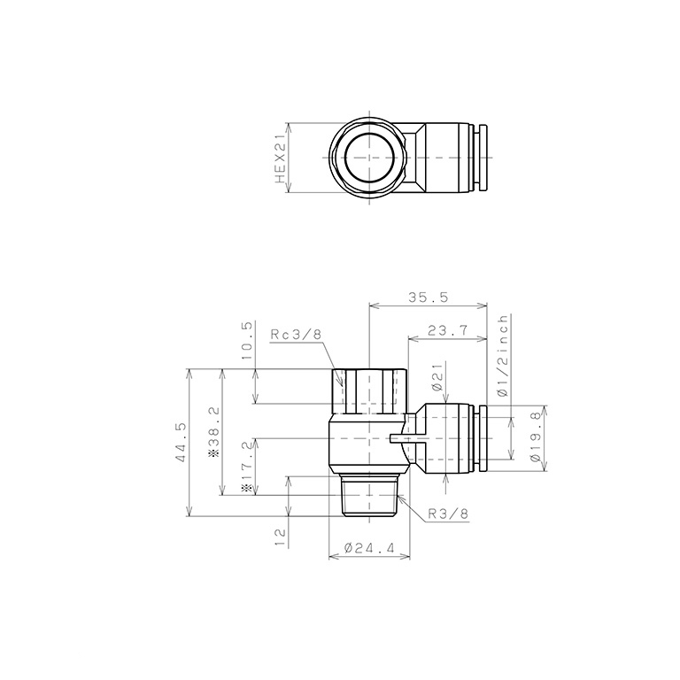 Đầu Nối Nhanh Khí Nén Cong 90° Đầu Lục Giác Trụ Ren Đực Cái Pisco PHF1/2-03_drawing