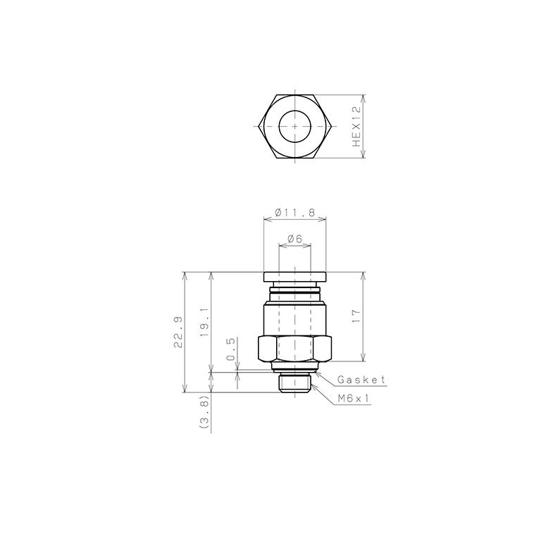 Đầu Nối Nhanh Khí Nén Dạng Thẳng Thân Lục Giác Ren Ngoài Pisco PC6-M6-C_drawing