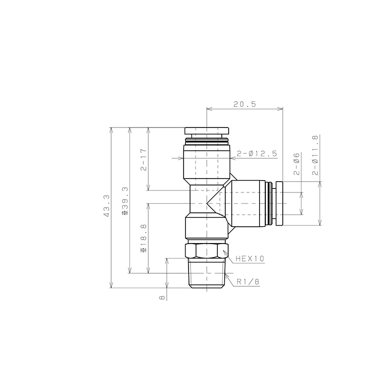 Đầu Nối Nhanh Khí Nén Dạng Chữ T Ren Ngoài Pisco PD6-01-C_drawing