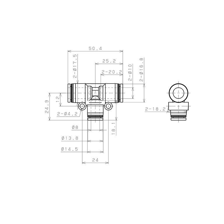 Đầu Nối Nhanh Khí Nén Chữ T Dạng Nối Giảm Pisco PEG10-8-C_drawing