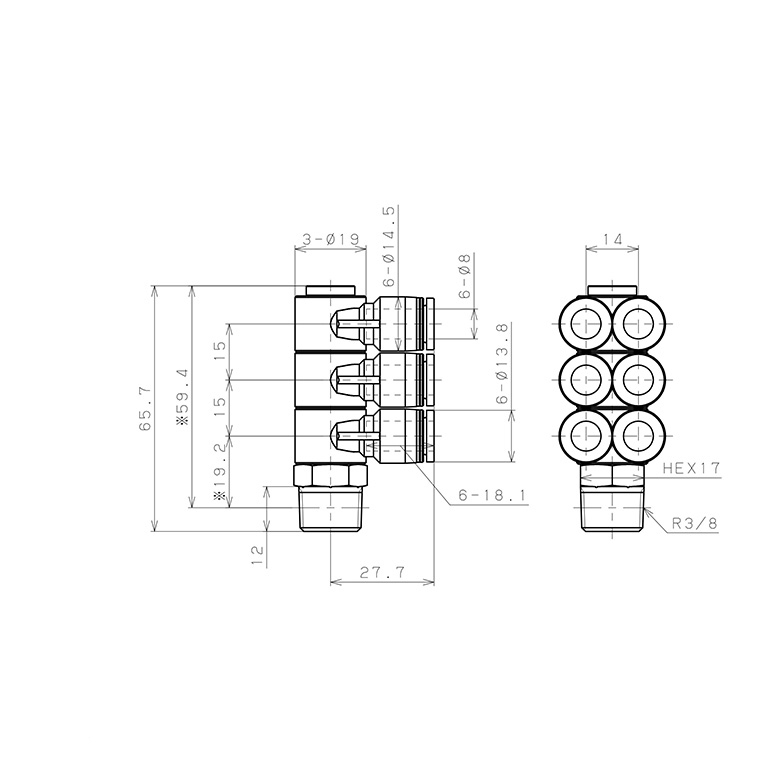 Đầu Nối Nhanh Khí Nén Sáu Nhánh Cong 90° Thân Lục Giác Trụ Ren Ngoài Pisco PAT8-03_drawing