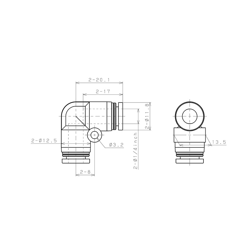 Đầu Nối Nhanh Khí Nén Cong 90° Pisco PV1/4-UC_drawing