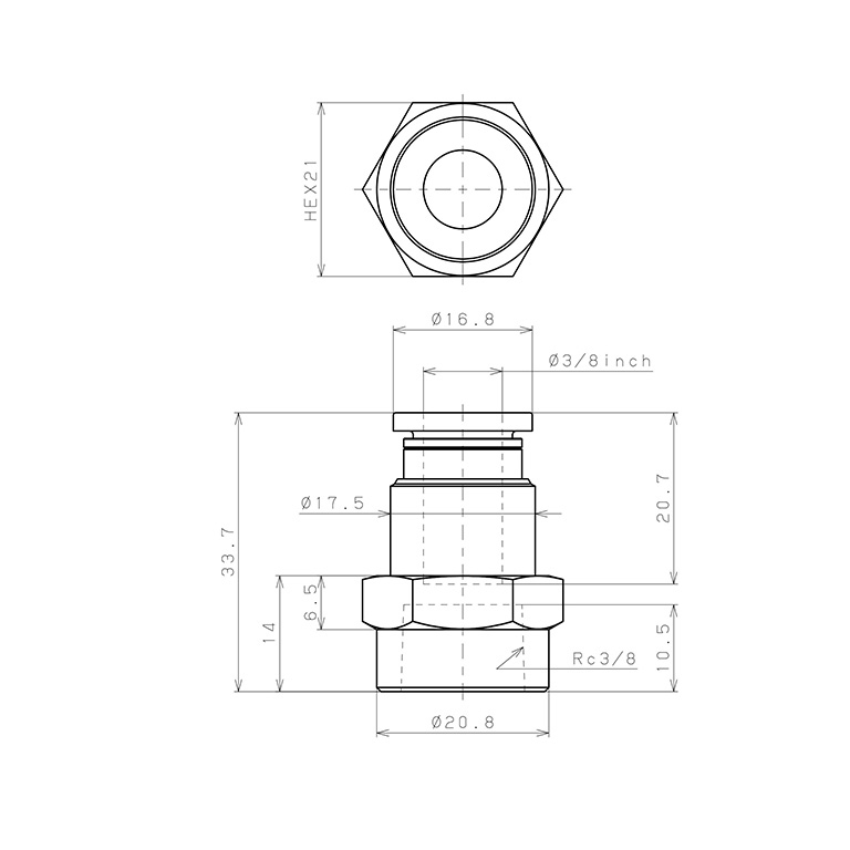 Đầu Nối Nhanh Khí Nén Dạng Thẳng Ren Trong Pisco PCF3/8-03-C_drawing