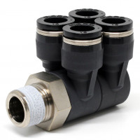 Đầu Nối Nhanh Khí Nén Bốn Nhánh Cong 90° Thân Lục Giác Trụ Ren Ngoài Pisco PAW10-03W