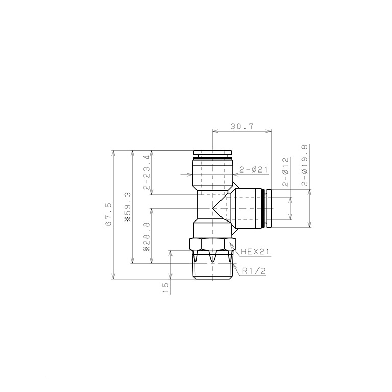 Đầu Nối Nhanh Khí Nén Dạng Chữ T Ren Ngoài Pisco PD12-04W_drawing