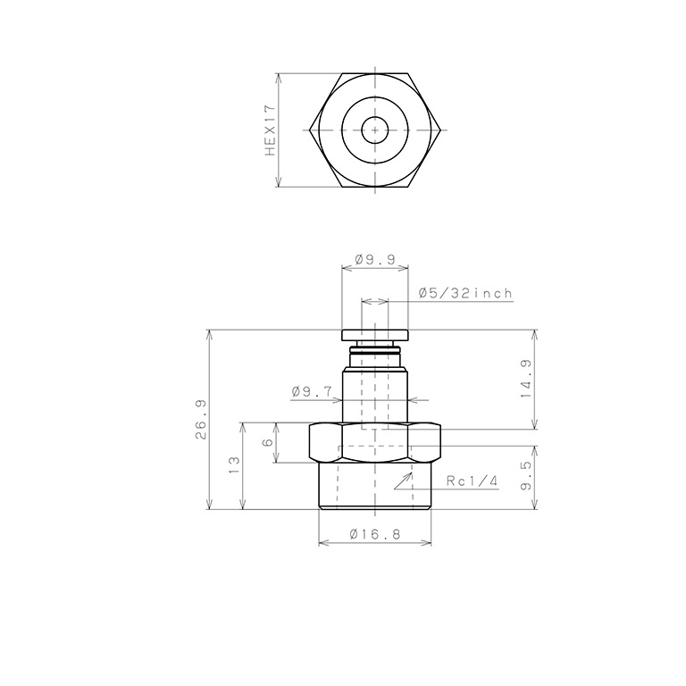 Đầu Nối Nhanh Khí Nén Dạng Thẳng Ren Trong Pisco PCF5/32-02_drawing