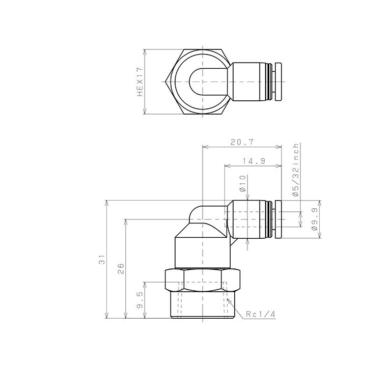 Đầu Nối Nhanh Khí Nén Dạng Cong 90° Ren Trong Pisco PLF5/32-02_drawing