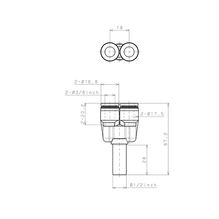 Đầu Nối Nhanh Khí Nén Giữa Ống Khí Và Fitting Dạng Nối Giảm Chữ Y Pisco PWJ1/2-3/8_drawing