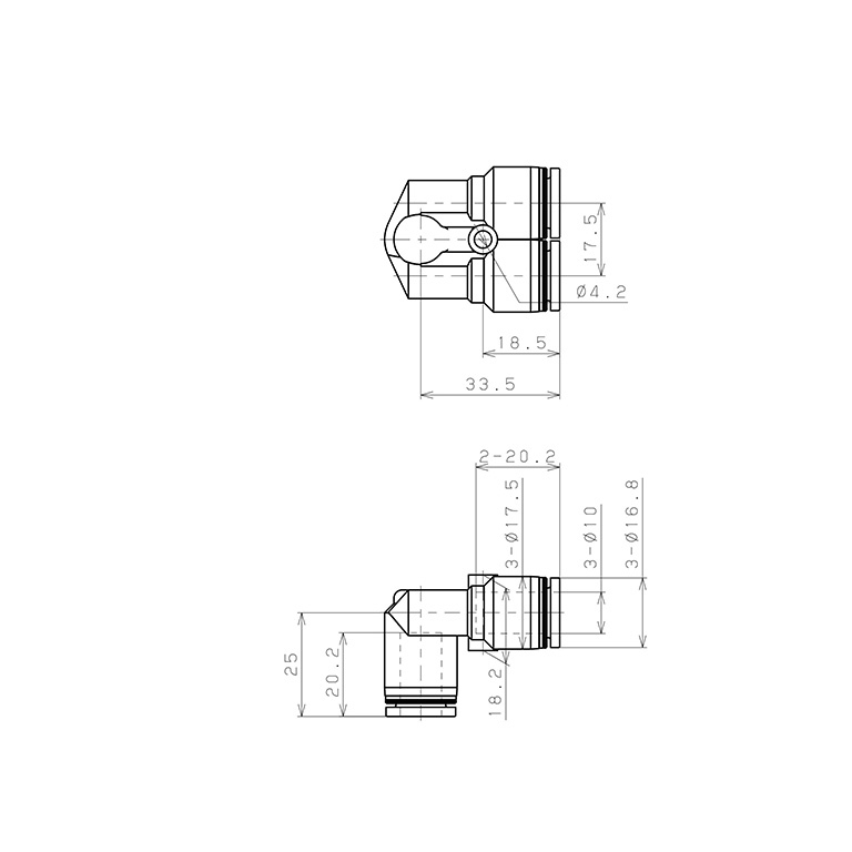 Đầu Nối Nhanh Khí Nén Ba Ngã Cong 90° Pisco PAU10-C_drawing