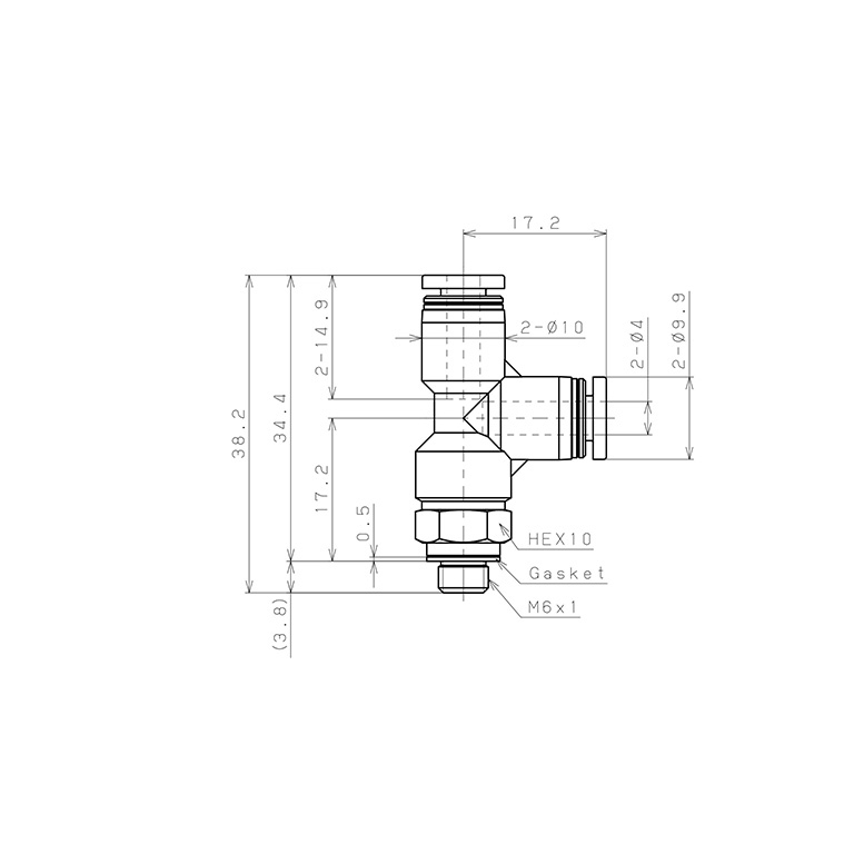 Đầu Nối Nhanh Khí Nén Dạng Chữ T Ren Ngoài Pisco PD4-M6_drawing