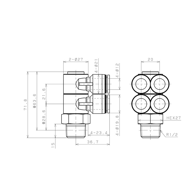 Đầu Nối Nhanh Khí Nén Bốn Nhánh Cong 90° Thân Lục Giác Trụ Ren Ngoài Pisco PAW12-04-C_drawing