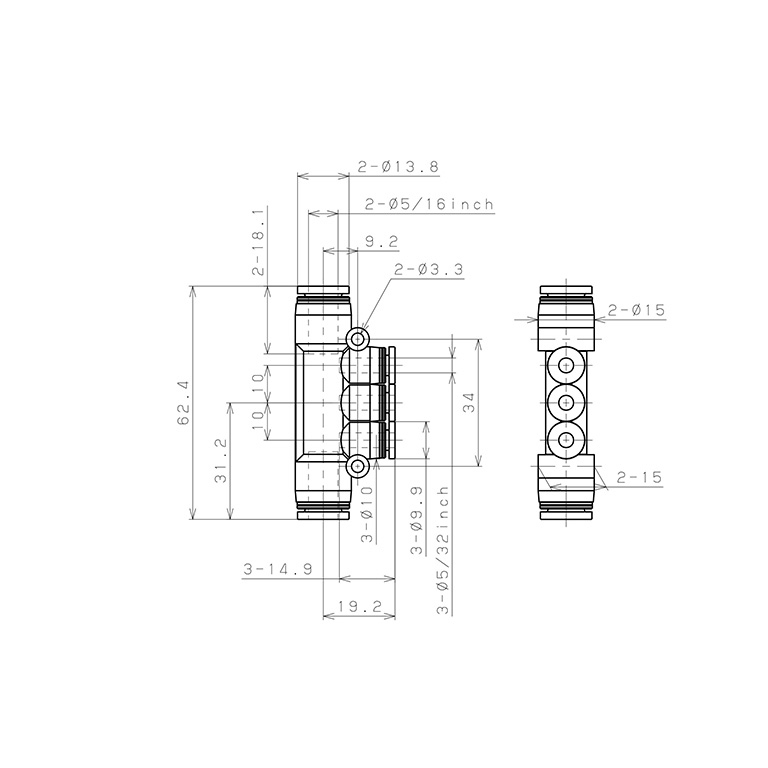 Đầu Nối Nhanh Khí Nén Chữ T 5 Ngã Dạng Nối Giảm Pisco PKG5/16-5/32_drawing