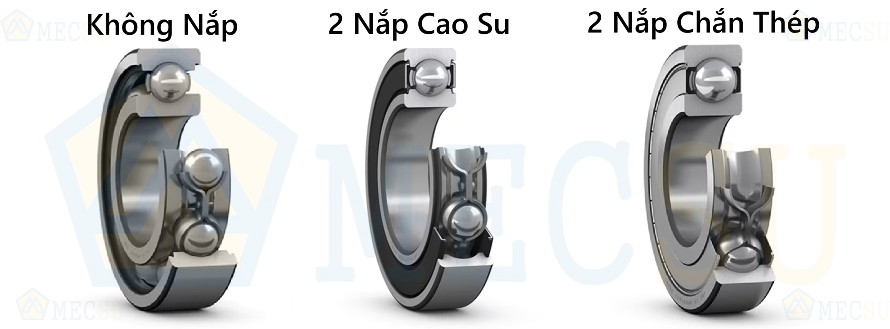 các loại vòng bi cầu rãnh sâu tại mecsu như vòng bi cầu không nắp chắn, vòng bi cầu 2 nắp chắn cao su, vòng bi cầu 2 nắp chắn thép