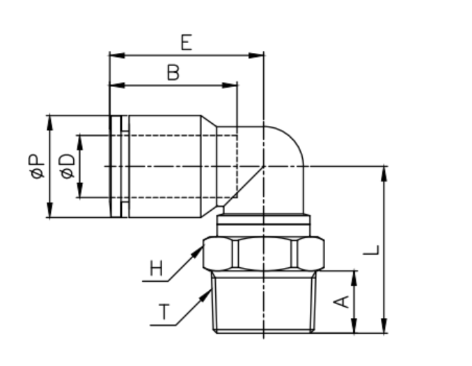 Bản vẽ kỹ thuật của đầu nối dòng MPL với các ký hiệu kích thước øD, øP, T, L, E, A, B, H được hiển thị rõ ràng