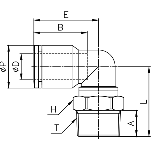 Bản vẽ kỹ thuật của đầu nối nhanh nén công chữ L ren ngoài MPL
